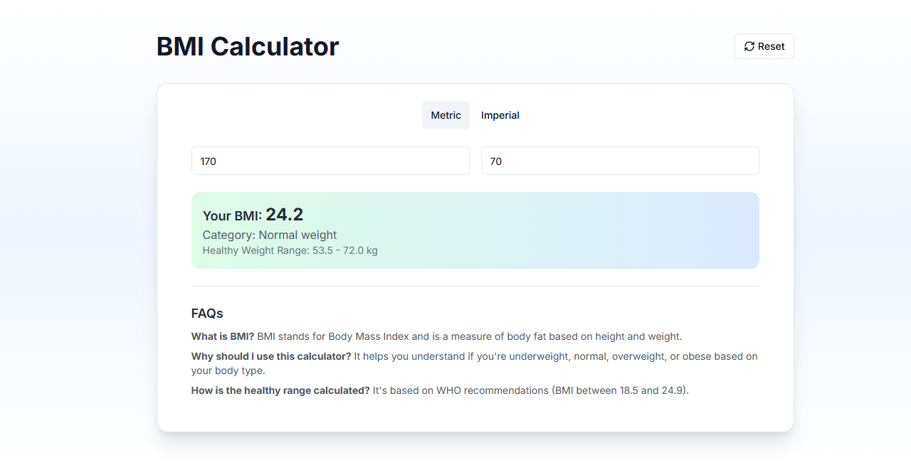 BMI Calculator Interface showing calculation of BMI 24.2 for 170cm height and 70kg weight, displaying Normal weight category and healthy weight range