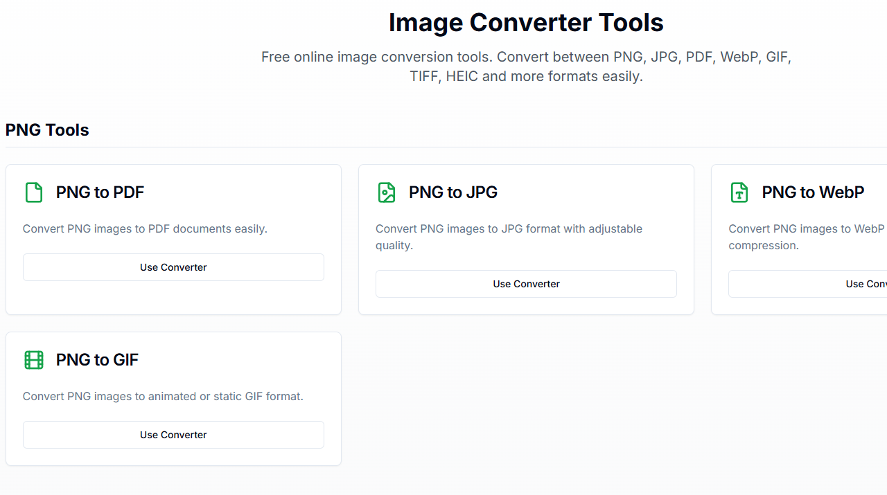 Image Converter Tools interface showing PNG to PDF, PNG to JPG, PNG to WebP, and PNG to GIF conversion options with clean, modern design